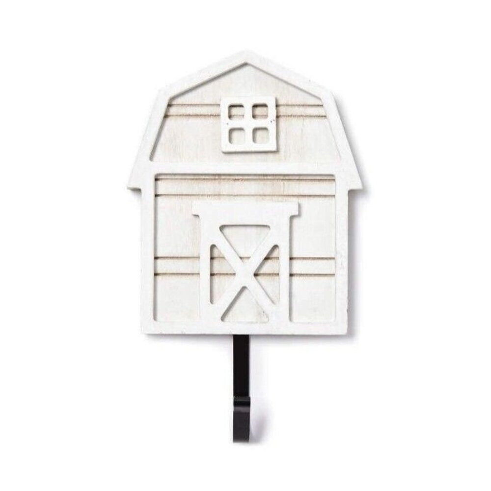 Farmhouse White Wood Barn Wall Hanger Metal Hook Country Rustic Storage NEW